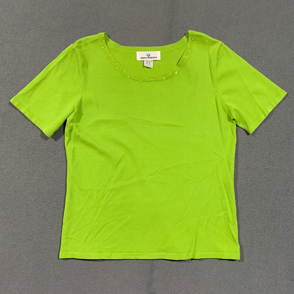 90s Y2K Erin London Knit Top Womens M Green Silk Cotton Beaded Scoop Neck Tee